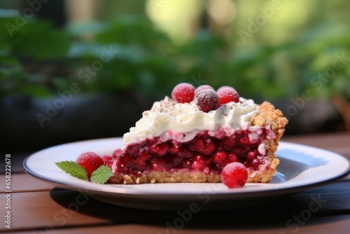 A Slice of Delicious Raspberry Pie with Whipped Cream. Generative AI. photo