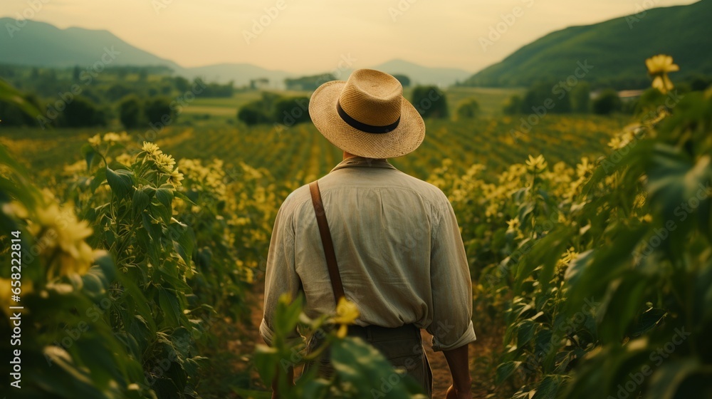A serene view of someone from behind, wearing a straw hat and overalls, standing amidst lush green fields, evoking a sense of peaceful solitude and connection with nature.
