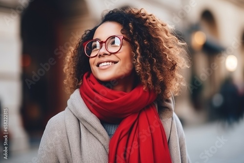 Portrait of young african american woman in red scarf and glasses photo