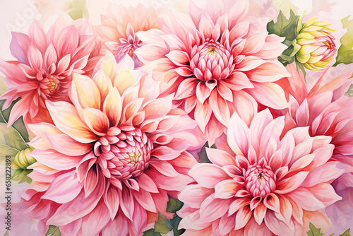Dahlia flower bouquet watercolor close up detailed background cards
