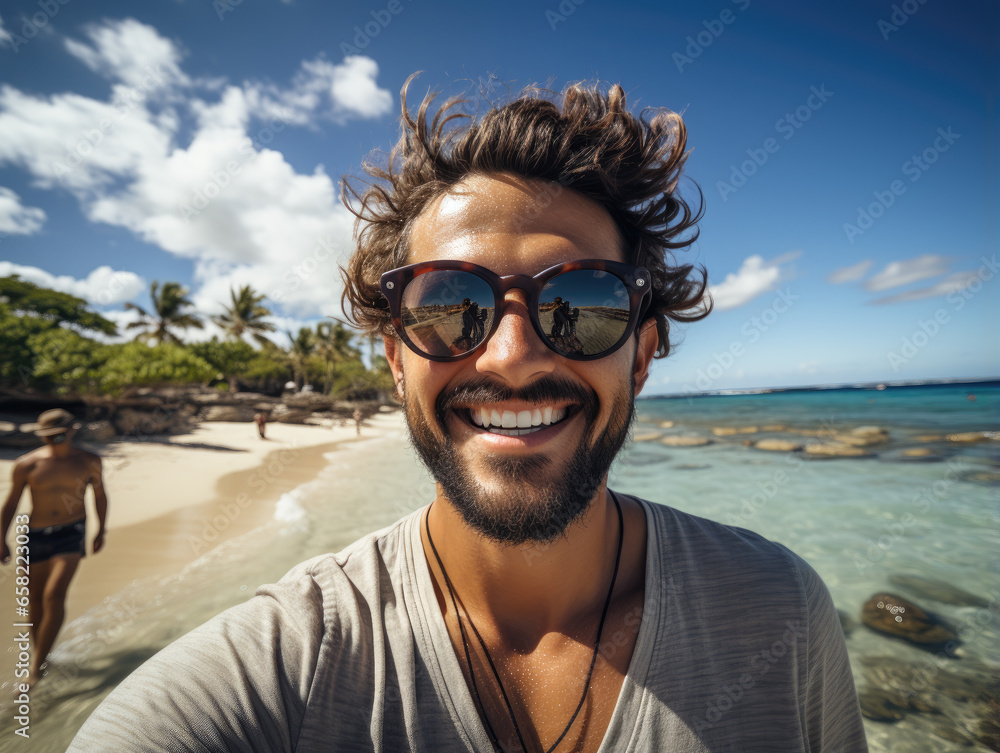 Happy carefree handsome young man in sunglasses taking selfie on tropical sand beach, relaxing by sea. Cheerful tourist guy with perfect toothy smile looking at camera, laughing
