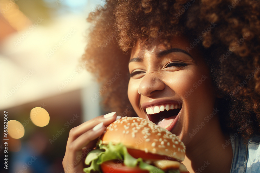 Woman eating burger close up portrait, afro American curl hairs Woman eating burger close up portrait, afro American curl hairs