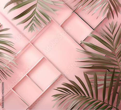 Palm leaves and golden abstract lines over a pink background. luxury card tem...