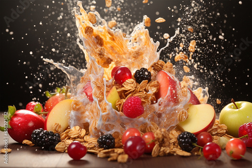 Granola with milk splash breakfast bowl with berry fruits