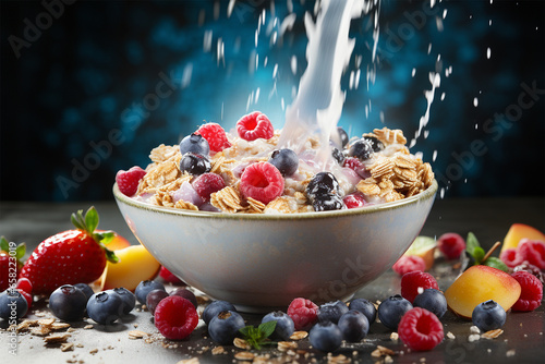 Granola with milk splash breakfast bowl with berry fruits
