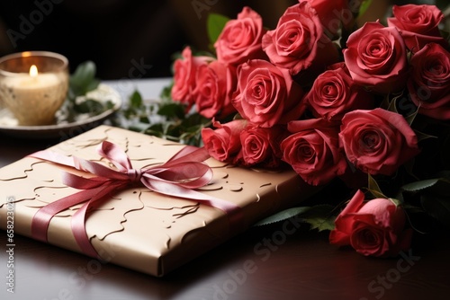 Bouquet of red roses and gift with ribbons on wooden table, close up. Wedding or Valentine's Day celebration