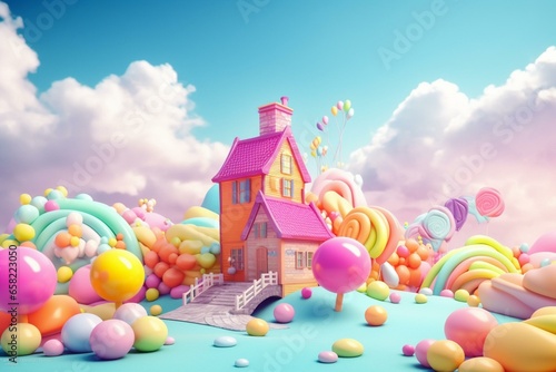 Colorful dreamy candy house and landscape. Generative AI