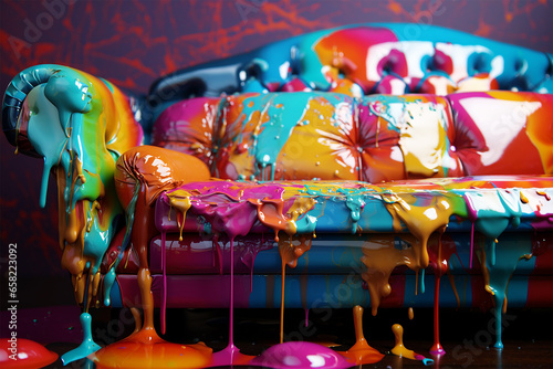 Classic couch with paint splash colorful backgrounds