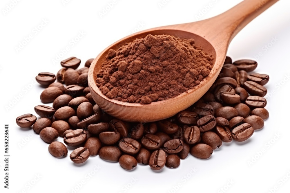 Ground coffee in wood spoon and pile whole roasted coffee beans, isolated on white background Ground coffee in wood spoon and pile whole roasted coffee beans, isolated on white background
