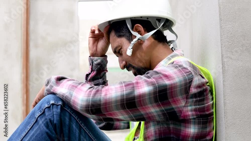 4K Asian foreman frustrated and hopeless worried unemployed or financial crisis lose a job, labor worker man relaxing after lunch break sitting on construction site, middle-age contractor male tried photo