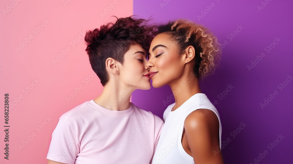 Love and kiss of lesbian couple on studio background in happy Lgbtq relationship together. Gen z women pride partner, happiness together Love and kiss of lesbian couple on studio background in happy Lgbtq relationship together. Gen z women pride partner, happiness together