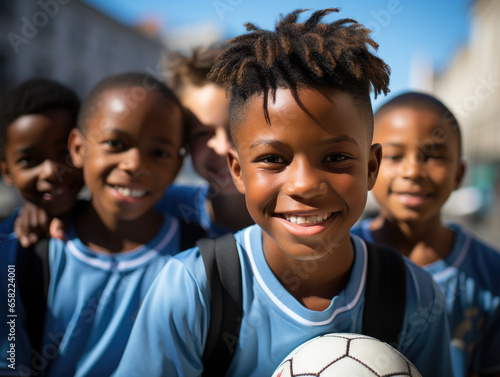 Happy African American preteen football player boy with dreads holding soccer ball, looking at camera, smiling, posing with group of teammates in background, promoting active childhood, sport, hobby  © Aliia