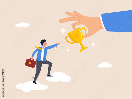 Motivation to achieve goal concept. Small win to motivate employee to succeed in work, effort and ambition to reach target, businessman run with full effort to reach trophy cup in giant hand.