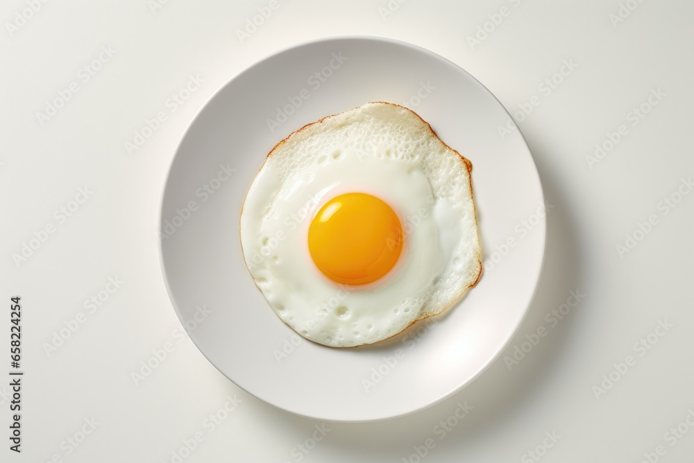 One fried egg on white plate isolated on white background, top view - obrazy, fototapety, plakaty 