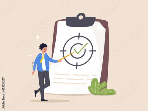 Goal and target concept. Scope of work, define work to be performed agreement document, plan or strategy in project management, smart businessman project manager present scope of work in meeting.