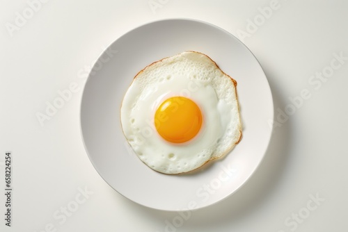 One fried egg on white plate isolated on white background, top view photo