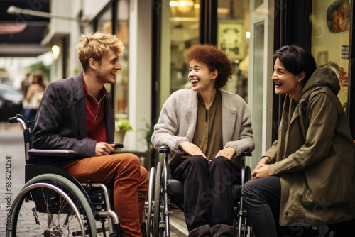 Diverse group of happy young people with disabilities using wheelchairs, meeting outside, talking, chatting, laughing, having fun, enjoying friendship, conversation, leisure time together photo