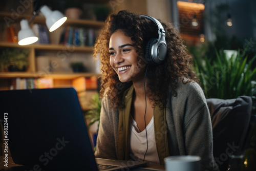 Cheerful beautiful college student girl in wire headphones talking on video call at laptop at home at night, smiling, laughing, using Internet communication, studying online