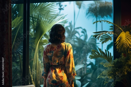 A guest, wearing a casual dress and viewed from behind, stands mesmerized in a hotel room where the walls magically transform into a vivid, moving jungle photo