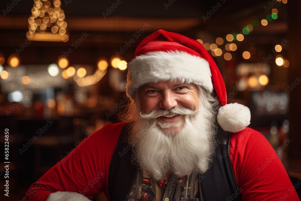 Portrait of senior man with long white beard wearing santa claus clothes and hat sitting in cafe Portrait of senior man with long white beard wearing santa claus clothes and hat sitting in cafe