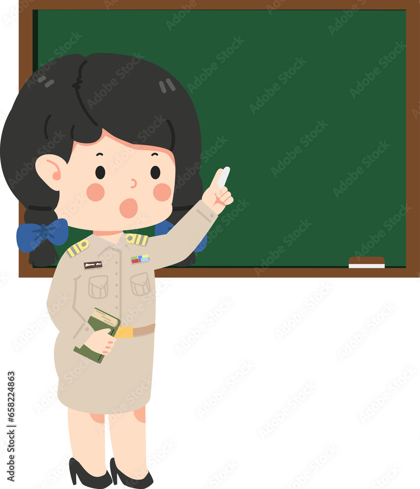 teacher holding chalk and book on green chalkboard