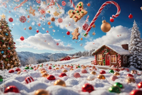 Christmas Candy Rain - Festive Snowy Winter Clouds Sky Deluge, AI Generated