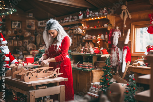 Female Santa Claus in her detailed outfit working on a wooden toy in her shop