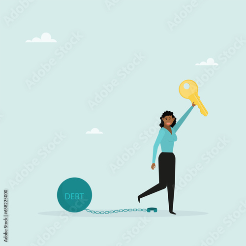 Freedom from debt or freedom to pay off debts, a loan or mortgage, a solution to a financial problem. Happy businesswoman holding golden key after unlocking debt chain.
