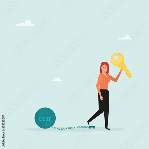 Freedom from debt or freedom to pay off debts, a loan or mortgage, a solution to a financial problem. Happy businesswoman holding golden key after unlocking debt chain.

