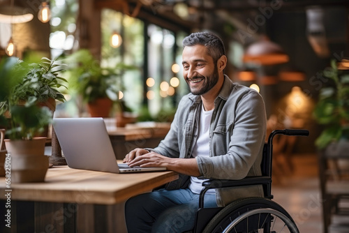 Positive mature freelancer man with disability working at laptop in coffee shop, sitting at table, co-working space, using wheelchair, typing on computer, smiling, laughing