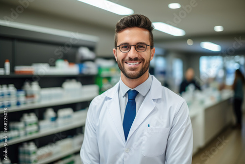 Happy young handsome pharmacist man wearing white uniform coat and glasses standing in pharmacy shop  looking at camera  smiling. Pharmaceutical professional portrait