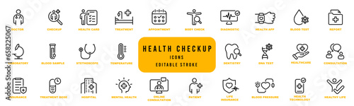 Health checkup line icon set. Medical care patient diagnosis icon collection. Editable stroke