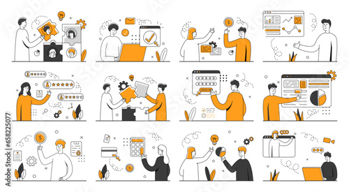 Business different illustration mega set. Collection work with men and women. Business people in different scenes. Trendy vector style