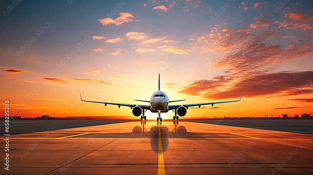 airplane landing at sunset - obrazy, fototapety, plakaty 