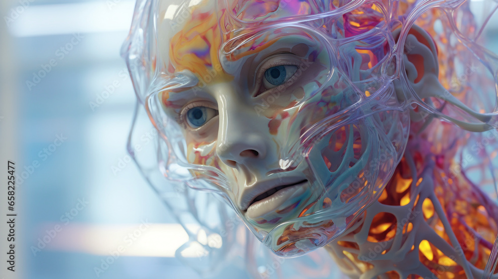 The face is a frame made of white glass with a shiny psychedelic glow 3d generative ai