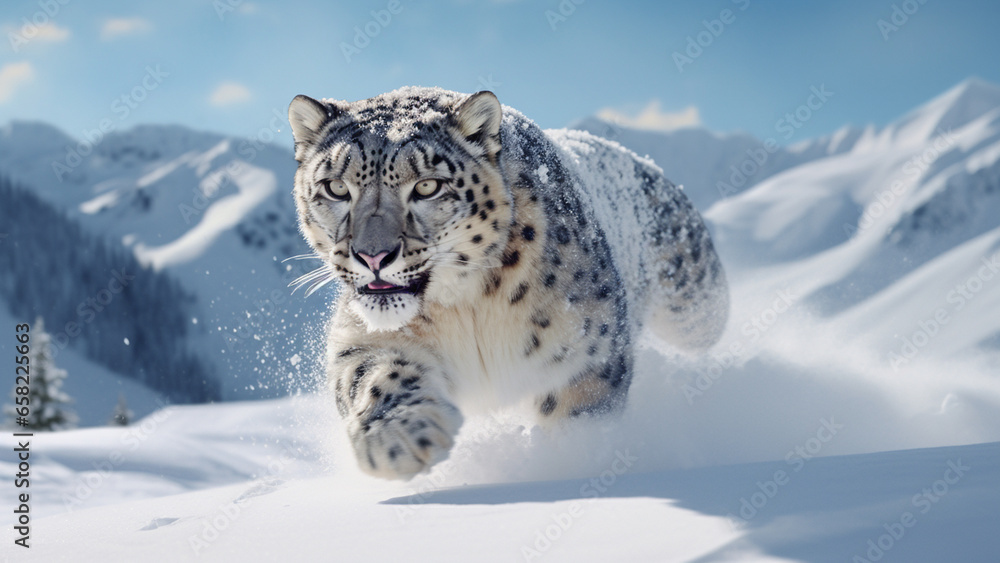 Fototapeta premium Dynamic view of a snow leopard running towards its prey in the snow.