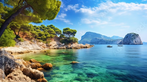 A vivid and enchanting springtime panorama unveils itself on Cameo Island. This picturesque morning tableau unfolds on Port Sostis, nestled within the idyllic landscape of Zakynthos island in Greece