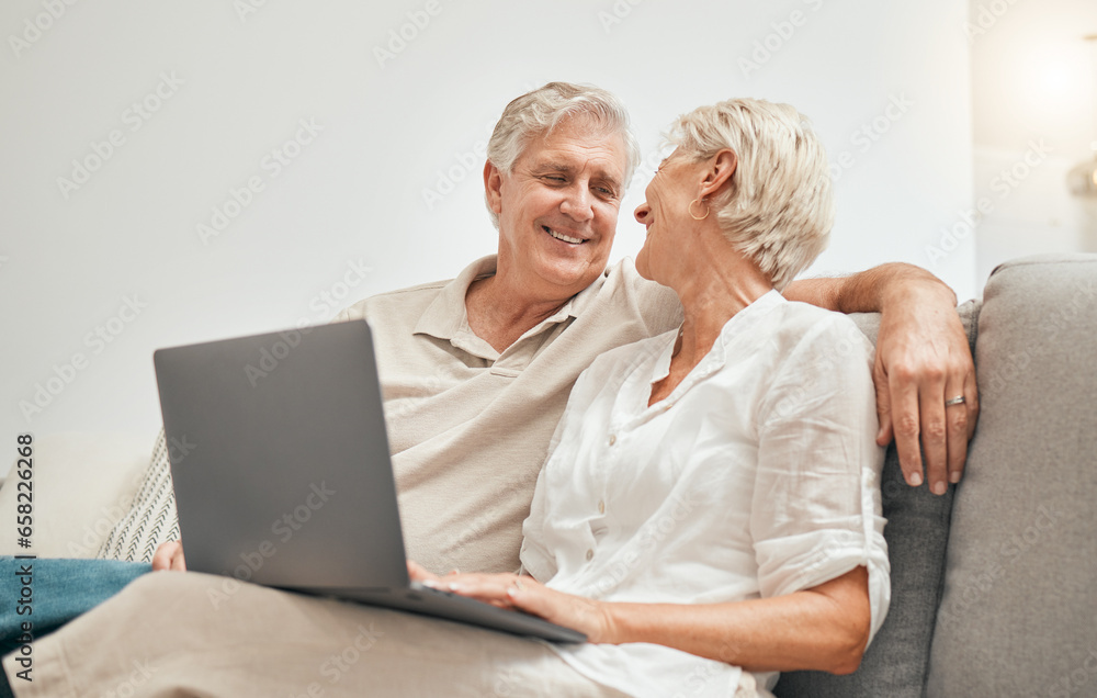 Senior, couple and online shopping with laptop on sofa in home living room with ecommerce, promotion or online deal. Old people, search and shop on internet or relax with computer in lounge together
