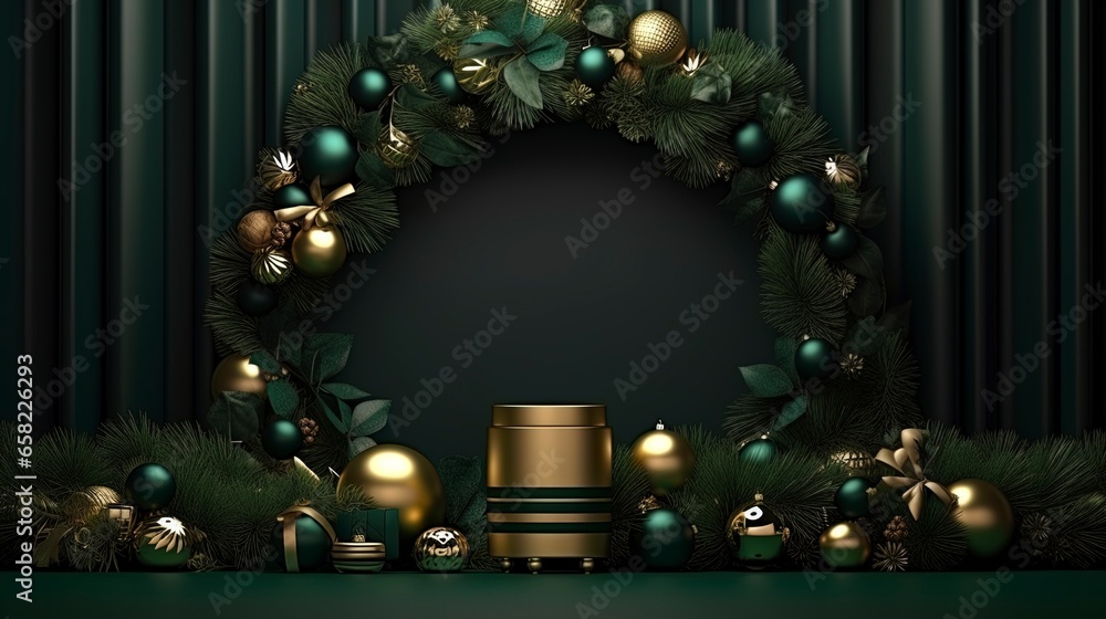 Green and gold Christmas holiday background. Wrapped gifts, spruce twigs, festive baubles and ornaments. Generation AI