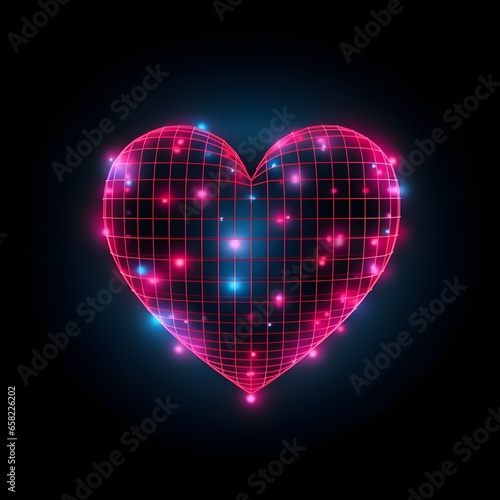 Happy Valentine's Day 3D heart geometry wireframe-shape icon in Y2K retro-futuristic aesthetic style. Neon pink color. Design for greeting cards, posters, flyers, and banners. Generative AI.