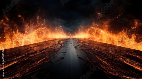 Abstract black background with wet long road on fire, blazing flames. Generation AI