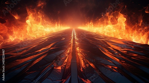 Abstract black background with wet long road on fire, blazing flames. Generation AI
