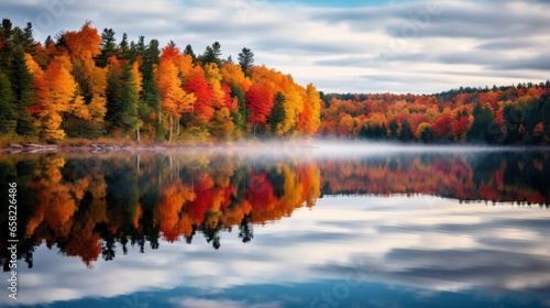 Autumn foliage mirrored in the calm surface of Canisbay Lake, within Algonquin Provincial Park, Ontario, Canada.