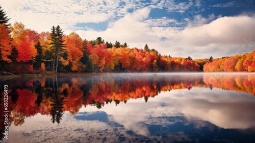 Autumn foliage mirrored in the calm surface of Canisbay Lake, within Algonquin Provincial Park, Ontario, Canada. photo