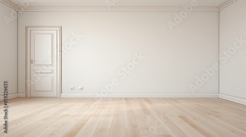 A large, unoccupied, newly renovated living room with freshly painted white walls, laminate flooring, and a white door.