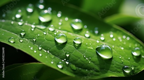 Glistening, transparent rainwater droplets gracefully adorning vibrant green leaves in a close-up, macro view. The delicate dewdrops catch the early morning sunlight