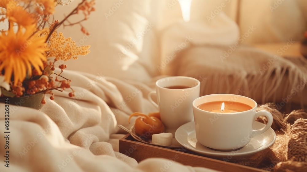 Autumn or winter coziness in the living room. A tray with steaming tea and neatly folded sweaters on a coffee table, bathed in the warm morning sunlight. Creating a snug and inviting atmosphere