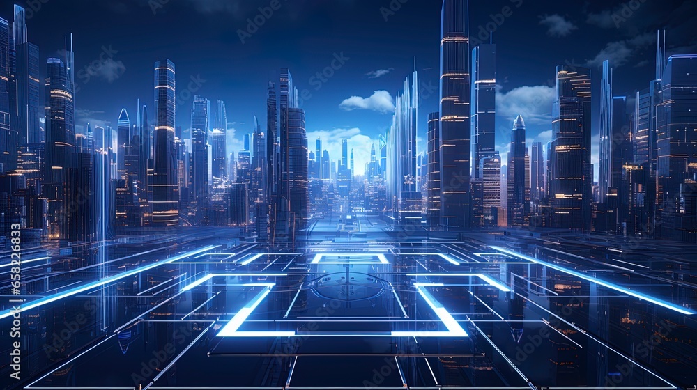 Abstract futuristic city background, virtual reality, cyber security, electronics, network, cryptography, quantum computer. Generation AI