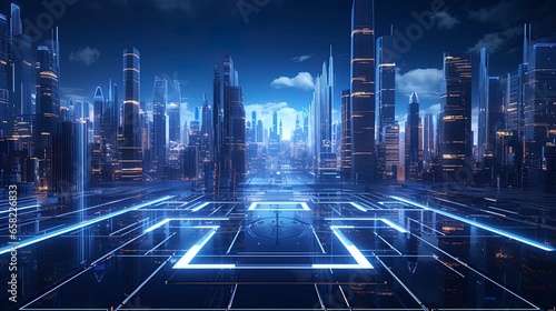 Abstract futuristic city background, virtual reality, cyber security, electronics, network, cryptography, quantum computer. Generation AI © Terablete