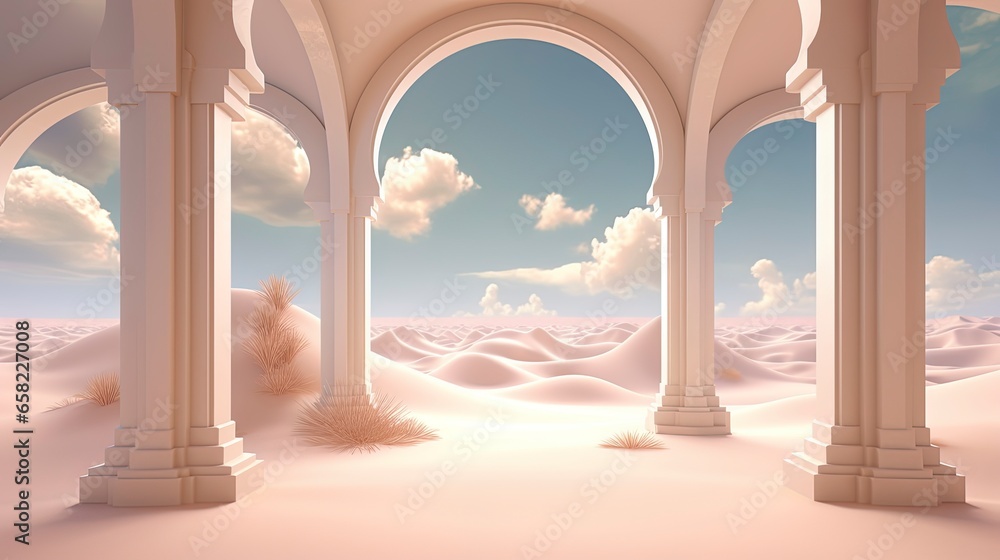 Surreal desert landscape with arch, minimalism. Generation AI